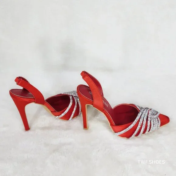 Elegance Slip on Slingback Red Satin Rhinestone Pointy Toe High Heels Shoes - Picture 6 of 12